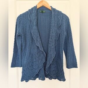Lauren Ralph Lauren Blue Crochet Knit Open Cardigan Shawl Collar Small